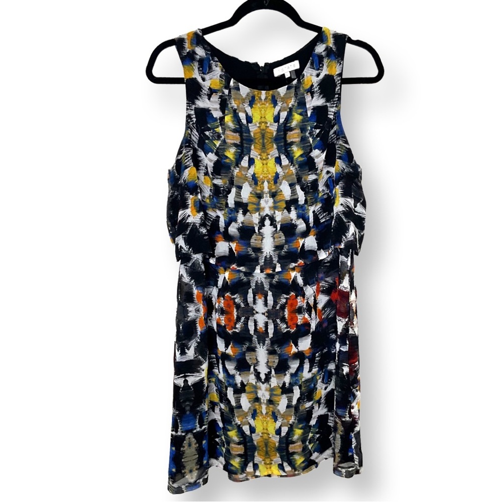 [ 1 STATE ]Multicolored Brush Stroke Layered Sheer Sleeveless Dress: L: Like New